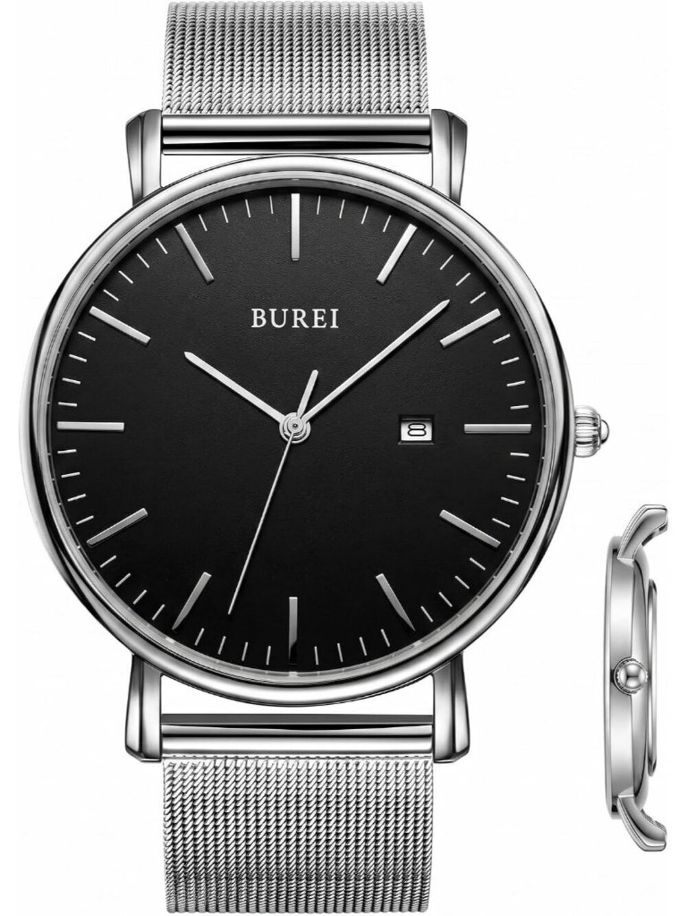 Men's Silver Black Stainless Steel Mesh Band Minimalist Analog Waterproof Watch